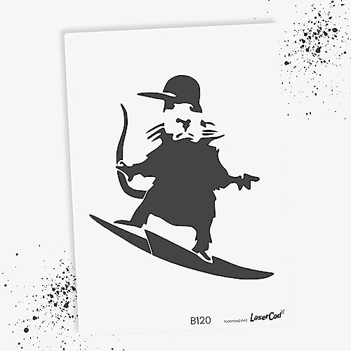 LaserCad Schablonen BANKSY Streetart (B120, Surfing Rat, DIN A2) Stencil für Graffiti, Airbrush, Kunst, Deko, zum Malen von LaserCad