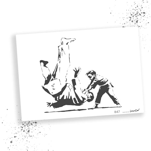 LaserCad Schablonen BANKSY Streetart (B047, Judo Boy (Ukraine), DIN A5) Stencil für Graffiti, Airbrush, Kunst, Deko, zum Malen von LaserCad