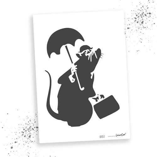 LaserCad Schablonen BANKSY Streetart (B051, Rat Umbrella Briefcase Bowler Hat, DIN A4) Stencil für Graffiti, Airbrush, Kunst, Deko, zum Malen von LaserCad