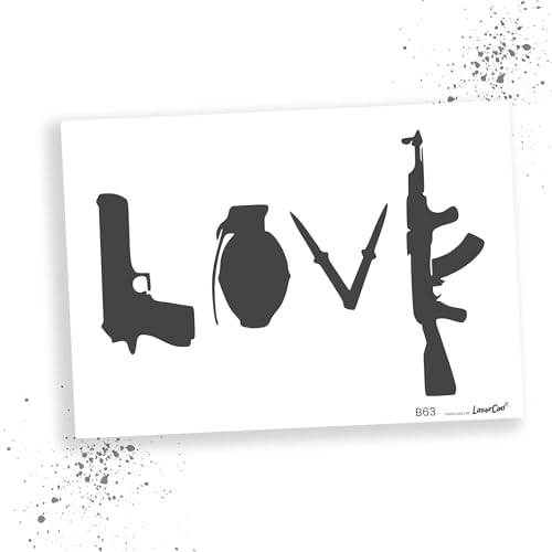 LaserCad Schablonen BANKSY Streetart (B063, LOVE Guns and Weapons, DIN A6) Stencil für Graffiti, Airbrush, Kunst, Deko, zum Malen von LaserCad