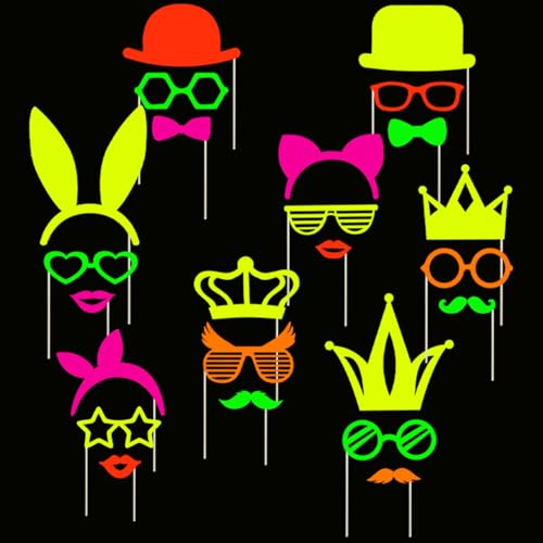 Lashua 24 Stück Fotobox Accessoires, Neon-Party Zubehör, Fotobox Requisiten für Schwarzlicht, Geburtstag, Karneval, Hochzeit, Halloween, Weihnachten von Lashua