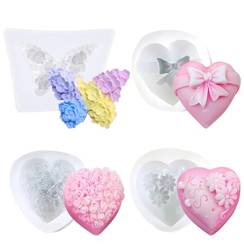 Lashua Silikonformen, 4 Stück Gießformen Silikon, Rose, Herz, Blume, Schmetterling, Silicone Mold für Kuchen, Seifen, Kerzen und Pudding, Flexibel, Hochpräzise Lashua Silikonformen, 4 Stück Gießformen Silikon, Rose, Herz, Blume, Schmetterling, Silicone Mold für Kuchen, Seifen, Kerzen und Pudding, Flexibel, Hochpräzise von Lashua