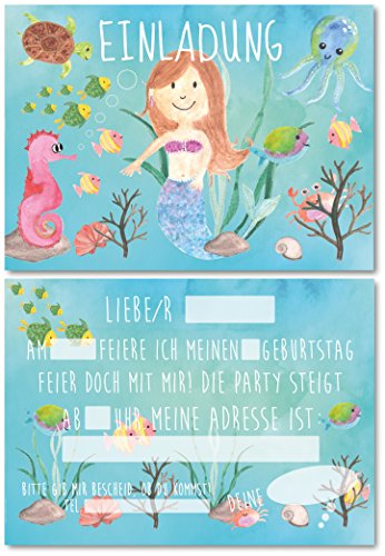 12 Einladungskarten für Kindergeburtstag Meerjungfrau/Schwimmen/Pool-Party oder Unterwasser-Welt/Format DIN A6 von Lasse und Lucie