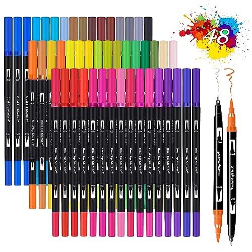 Dual Brush Pen Set, 48 Farben Filzstifte Dicke und Dünne Pinselstifte, Stifte für Mandalas für Erwachsene, Fasermaler 1-2 mm/Fineliner 0,4 mm, Aquarell Marker Pinselstifte für Erwachsene und Kinder von Lassuzie