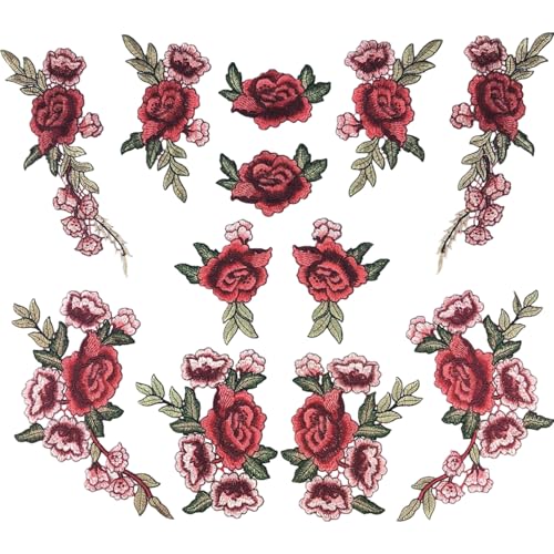 12 -pcs Blumeneisen auf Flecken, rote Rose bestickte Blumenapplikation elegante Pfingstrose auf Flecken DIY Kragen Büste Kleiderbeutel Schuhe Schuhe von Latebebebe
