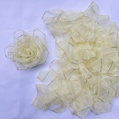 100 Stück Tüll-Spitzenbänder, vorgefertigte ewige Rosenblätter mit goldenem Rand, Chiffon, halbfertig, schnell DIY, gebrauchsfertig für Montage, Festivalsträuße, Hochzeit/Valentinstag (Beige) von LatinaFlorista