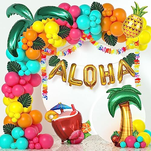 146Pcs Hawaii Party Dekoration Tropische Luftballon Girlande Kit Künstliche Palmenblätter Kokosnussbaum ALOHA Ananas Ballon Hibiskuskranz für Hawaii Luau Party Sommer Strand Hochzeit Geburtstag Dekora von Latocos