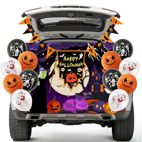 Halloween-Autodekorationsset, Garagentor, Auto-Dekorationen mit 2 Banner, 12 Luftballons und Band für SUV, Halloween, Outdoor-Partyzubehör von Lattlefnki