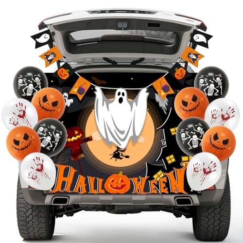 Halloween-Autodekorationsset, Garagentor, Auto-Dekorationen mit 2 Banner, 12 Luftballons und Band für SUV, Halloween, Outdoor-Partyzubehör von Lattlefnki