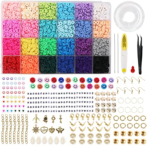 LauCentral 6100+ PCS Clay Beads Kit,Clay Flat Beads Polymer Clay Beads 24 Colours Round Bracelet Making Kit with Alloy Pendant, Beads Bracelet String for DIY Bracelet Necklaces Jewelry Making Kit von LauCentral