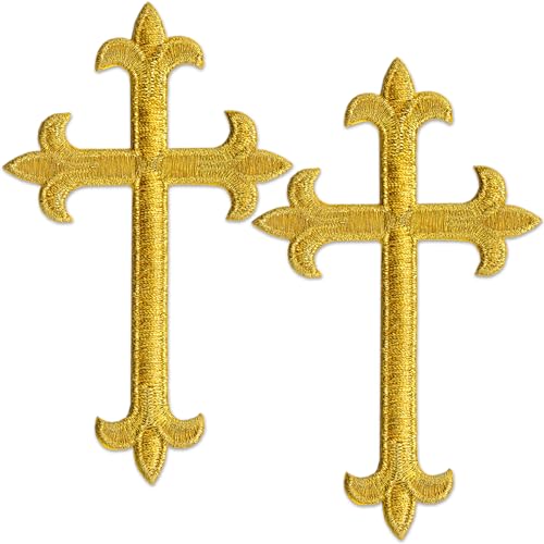 Religiöse Aufnäher zum Aufbügeln, bestickt, Verzierungen für Kleidung, Jacken, Rucksäcke und Dekorationen (Goldkreuz (2er-Pack) von Laughing Lizards