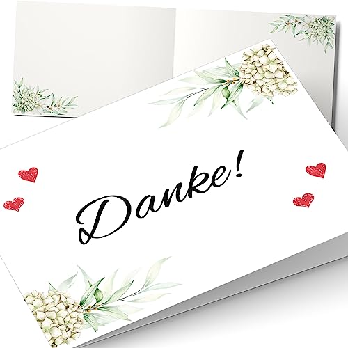 10 Dankeskarten zur Hochzeit, Taufe, Konfirmation Klappkarte A6 ohne Umschläge - Danke für Gäste - Boho-Design: Hortensie von Laurea Verde