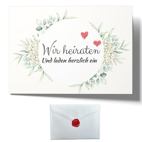 Laurea Verde 15 Einladungskarten Hochzeit mit Umschlägen und Stickern im Wax-Siegel-Design | Hochzeitseinladung Klapp-Karten DIN A6 10,5 x 14,8 cm im Boho-Design Hortensie von Laurea Verde