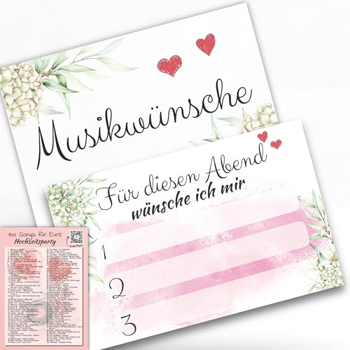 Laurea Verde 50x Musikwunschkarten für Hochzeit Party Geburtstag | DIN A7 Karten 2-seitig für die Musikwünsche deiner Gäste | DJ-Karten Musikkarten Partykarten (Boho-Hortensie) von Laurea Verde