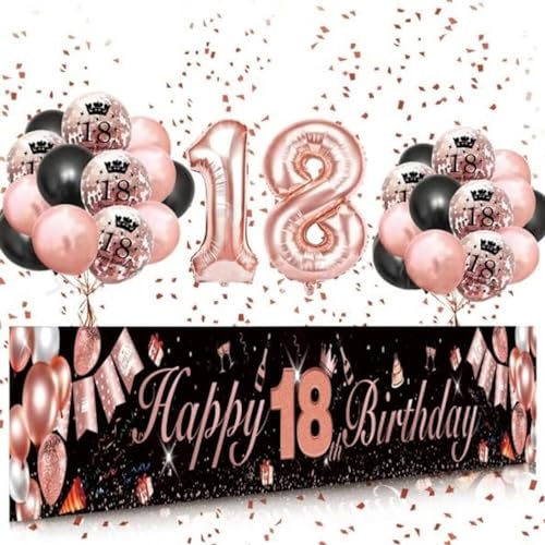 Party-Dekorationspaket zum 18. Geburtstag, Roségold und Schwarz, Folien-Zahlenballons, Happy Birthday-Banner-Set von Laurel & Mason