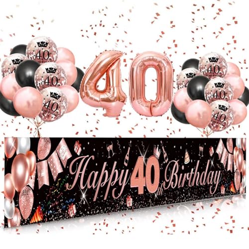 Party-Dekorationspaket zum 40. Geburtstag, Roségold und Schwarz, Folien-Zahlenballons, Happy Birthday-Banner-Set von Laurel & Mason