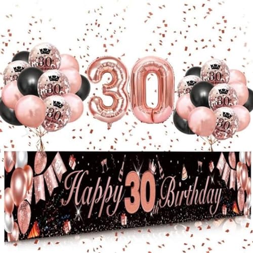 Partydekorationspaket zum 30. Geburtstag, Roségold & Schwarz, Folien-Zahlenballons, Happy Birthday Banner Set von Laurel & Mason
