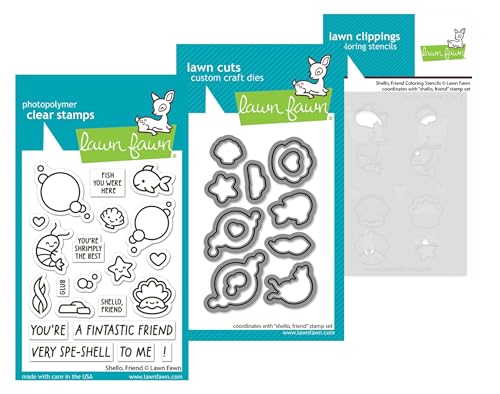 Lawn Fawn Shello, Friend Stempel-Set, 7,6 x 10,2 cm, transparent, passende Stanzformen und Schablone, 3-teiliges Set von Lawn Fawn