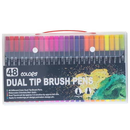 Dual -Tipps -Marker 48 Farben fein & Pinsel Malartikel mit Aufbewahrungskoffer waschbarer lebendiger ästhetischer Weihnachtskunsthandwerk für Kinder Erwachsene | Highlighters | Highlighters von Lawnrden
