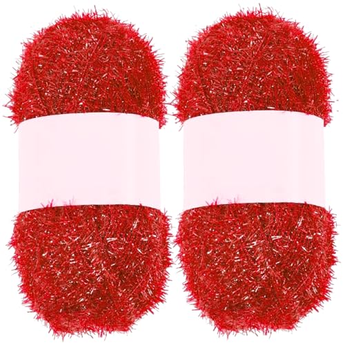 Sparkle Garn 2pcs Schnellrocken-Polyester-Glitzergarn für Geschirrtücher weiche und komfortable Truboo für Geschirrtücher, Peelingwaschlappen, Häkel- und Strickartikel, rot |.zum Häkeln von Lawnrden