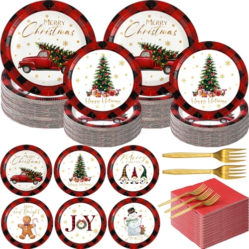 Layhit 240 Stück Weihnachtsfeierzubehör Pappteller, Servietten und Gabeln für Dessert und Dekorationen – Einweg-Teller für Geburtstagsparty Layhit 240 Stück Weihnachtsfeierzubehör Pappteller, Servietten und Gabeln für Dessert und Dekorationen – Einweg-Teller für Geburtstagsparty von Layhit