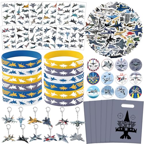 110 Stück Flugzeug-Partygeschenke, Kampfjet, temporäre Tattoos, Silikon-Armbänder, Schlüsselanhänger, Aufkleber, Abzeichen, Goodie-Taschen für Kampfjet, Geburtstagsparty, Dekorationen, Zubehör 110 Stück Flugzeug-Partygeschenke, Kampfjet, temporäre Tattoos, Silikon-Armbänder, Schlüsselanhänger, Aufkleber, Abzeichen, Goodie-Taschen für Kampfjet, Geburtstagsparty, Dekorationen, Zubehör von Lcnjscgo