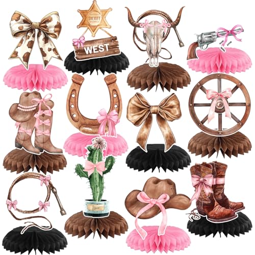 12 Stück Kokettschleife Cowgirl Wabenaufsätze Westernschleife Cowgirl Geburtstag Party Dekorationen Stiefel oder Schleifen Rodeo Pink Cowgirl Tischdekoration Dekorationen für Babyparty von Lcnjscgo