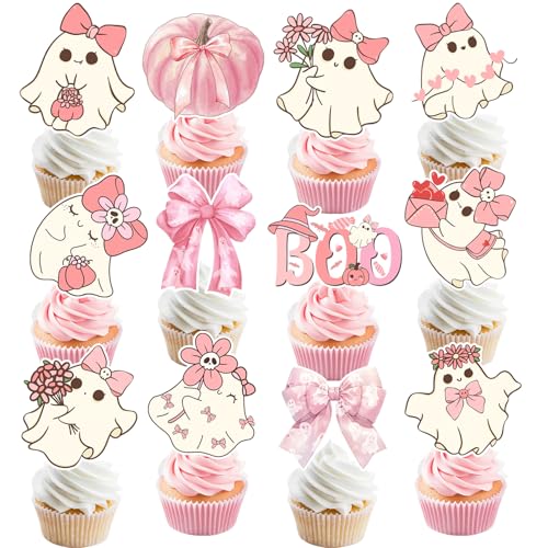 24 Stück rosa Halloween-Geister-Cupcake-Topper, rosa Schleife, Geist, Cupcake-Kuchendekorationen, Schleife, Geist, Boo, Geburtstagsparty-Dekorationen, Zubehör für Kinder, Jungen, Mädchen, Babyparty 24 Stück rosa Halloween-Geister-Cupcake-Topper, rosa Schleife, Geist, Cupcake-Kuchendekorationen, Schleife, Geist, Boo, Geburtstagsparty-Dekorationen, Zubehör für Kinder, Jungen, Mädchen, Babyparty von Lcnjscgo