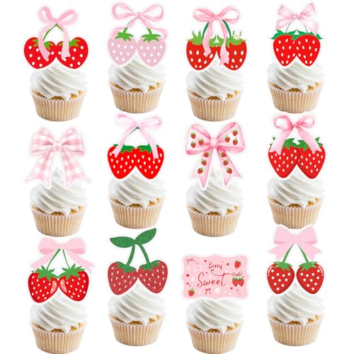 24 Stück rosa Schleife, Erdbeere, Cupcake-Topper, rosa Schleife, Erdbeere, Geburtstagsparty-Dekorationen, Beere, süße Erdbeer-Thema, Kuchendekorationen für Mädchen, Beeren, erster Geburtstag 24 Stück rosa Schleife, Erdbeere, Cupcake-Topper, rosa Schleife, Erdbeere, Geburtstagsparty-Dekorationen, Beere, süße Erdbeer-Thema, Kuchendekorationen für Mädchen, Beeren, erster Geburtstag von Lcnjscgo
