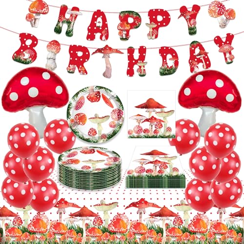 44 Stück Pilz-Geburtstagsparty-Dekorationen, Pilz-Partyzubehör, Pilz-Geburtstagsbanner, Pilzballons, Pilz-Tischdecke, Pilzteller und Servietten für Kinder, Jungen, Mädchen, Babyparty von Lcnjscgo