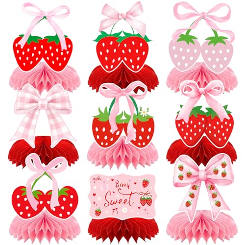 9 Stück rosa Schleife, Erdbeere, Waben-Mittelstücke, Schleife, Erdbeere, Geburtstagsparty-Dekorationen, Beere, süße Erdbeer-Thema, Tischaufsätze, Dekorationen für Mädchen, Beeren, erster Geburtstag von Lcnjscgo
