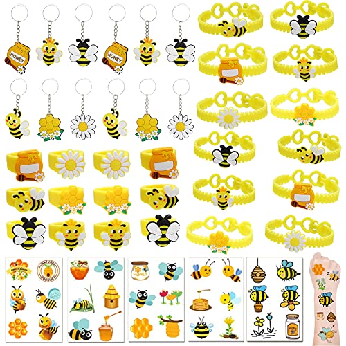 96 Stück Bienen-Partygeschenke, Hummel-Motto-Partyzubehör inklusive niedlichen Bienen-Schlüsselanhänger, Armbänder, Ring und temporäre Tattoos für Hummel-Motto-Party, Geburtstag, Duschzubehör von Lcnjscgo