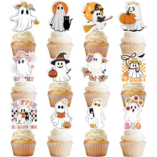 Cupcake-Topper für Halloween, niedliche Geister-Kuchenaufsätze, Kuchendekorationen, Halloween-Geist, Geburtstagsparty-Dekorationen, Zubehör für Kinder, Jungen, Mädchen, Babyparty, 24 Stück von Lcnjscgo