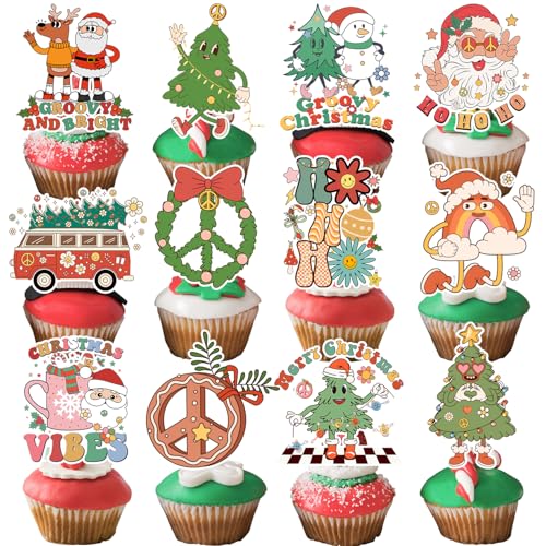 Groovy Christmas Cupcake Toppers, Groovy Retro Boho Hippie Christmas Party Decorations Cake Decorations for Holiday Winter Birthday Party Supplies von Lcnjscgo