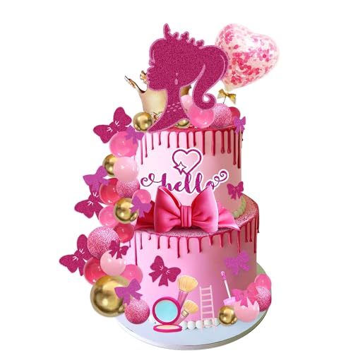 36Stück pinkfarbene Mädchen-Kuchenaufsätze, Schleife Kuchendekorationen mit rosa Konfetti-Ballon und goldenen rosa Kugeln von Lcnjscgo