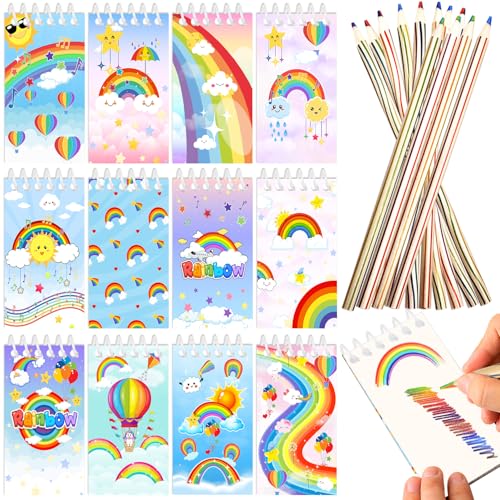 Lcnjscgo 24 Stück Regenbogen-Partygeschenke, inklusive 12 Mini-Spiralnotizbücher und 12 Buntstifte, Geschenke für Regenbogen-Partygeschenke, Füller, Lehrer, Schulbedarf und Belohnungspreise für von Lcnjscgo