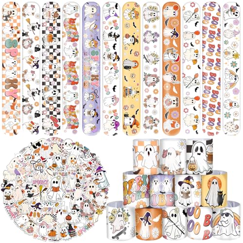 Lcnjscgo 84 Stück süße Halloween-Geister-Partygeschenke, 24 Stück niedliche Geister-Armbänder, 60 Stück Geister-Aufkleber, Halloween-Geist, Geburtstagsparty-Dekorationen, Zubehör für Kinder von Lcnjscgo