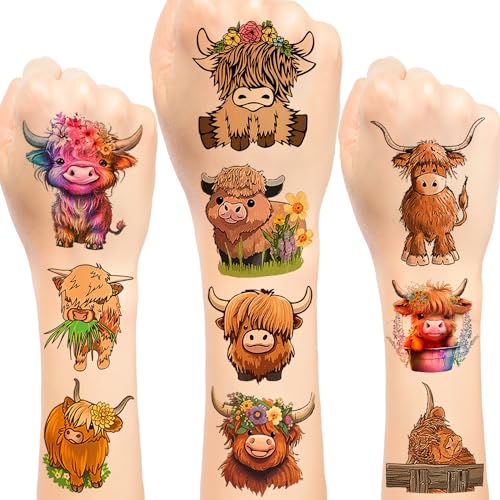 Lcnjscgo Highland Cow Temporäre Tattoos Highland Rinder Bauernhof Tier Geburtstag Party Gastgeschenke Dekorationen für Kind Baby Geschenke Klassenzimmer Schule Belohnungen von Lcnjscgo