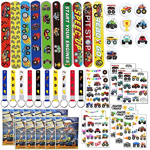 Lcnjscgo Monster-Truck-Partygeschenk-Set enthält Slap Armbänder, Schlüsselanhänger, temporäre Tattoos, Anstecknadeln, Geschenktüten für Kinder, All-in-One-Pack, LKW, Party, Themen-Dekoration, von Lcnjscgo