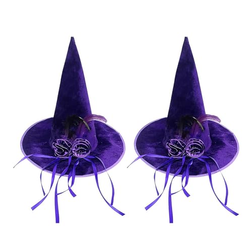 Ldabrye Eleganter Hexenhut, samtig mit farbigen Schleifen, Rosen, Akzent für Halloween, Kostümpartys, Halloween, Partyzubehör, spitze Spitze, Hexenhut von Ldabrye