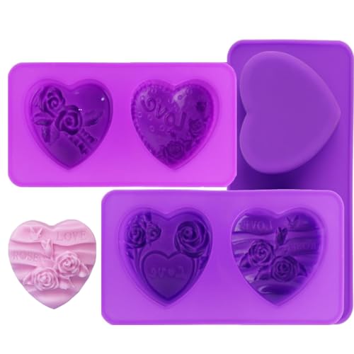 LdawyDE Seifenformen Silikon, 2 Hohlräume Silikonform Herzförmiges 3D Rosen Blumen Love Herz Seifenform Silikonform für Kuchen backen, Schokolade, Seife, Kerzenherstellung, 2 Stück von LdawyDE