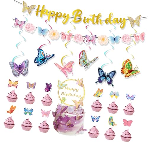 Schmetterlings-Partydekorationsset, Cupcake-Topper, dekorative Banner, Kuchenzubehör, Papierstruktur, geeignet für Festivals von Ldbuejiaja
