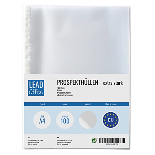 100 Prospekthüllen, transparent DIN A4, Prospekt-Hüllen glasklar, farblose Klarsicht-Folien zum Schutz von Papier & Dokumente, Sichthüllen für A4 Ordner (100x 110my (extra stark)) von Lead Office