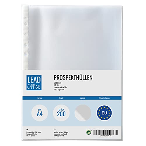 200 Prospekthüllen transparent DIN A4, Prospekt-Hüllen genarbt, farblose Klarsicht-Folien zum Schutz von Papier & Dokumente, Sichthüllen für A4 Ordner von Lead Office