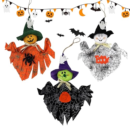 Halloween Deko LEAFS 3 Stück Geist Deko Hänger Hängende Partei Dekoration Geist mit Seil Aufhängen Geist Wandbehang für Halloween Deko Garten (Schwarz/Weiß/Orange) von Leafs