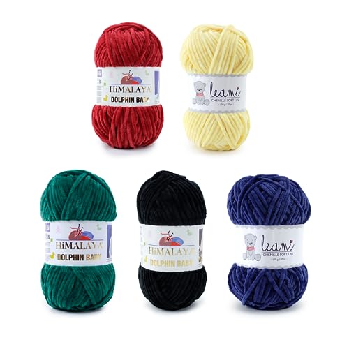 Chenille Wollpaket 100g/120m Bunt, Rot, Gelb, Grün, Blau, Schwarz | Himalaya Dolphin Baby Strickwolle Super Bulky | Leami Wolle | Yarn Dolce | Häkelset DIY | Kuschelwolle, Flauschwolle, Velvet von Leami