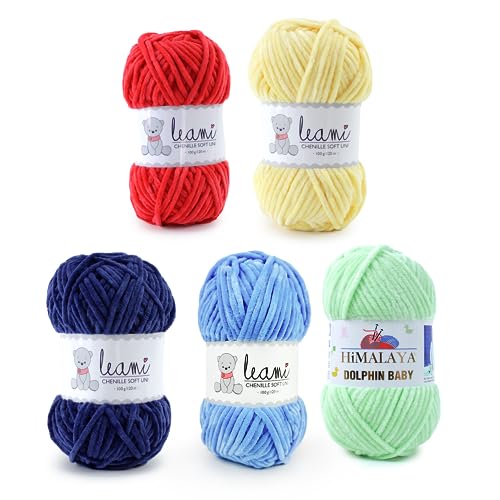Chenille Wollpaket 100g/120m Neon, Rot, Gelb, Blau, Grün | Himalaya Dolphin Baby Strickwolle Super Bulky | Leami Wolle | Yarn Dolce | Häkelset DIY | Kuschelwolle, Flauschwolle, Velvet von Leami