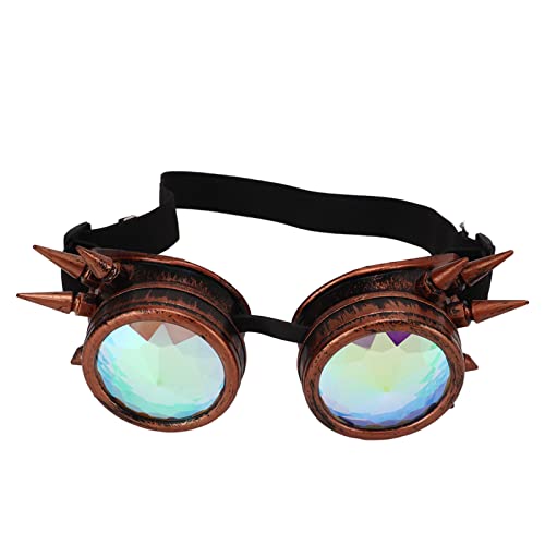 Leapiture Kaleidoskop Rave-Brille, Regenbogen-Kristalllinsen, Verstellbare Partybrille, Vintage-Steampunk-Brille, Partyzubehör Für Halloween-Festival(Rotes Kupfer) von Leapiture