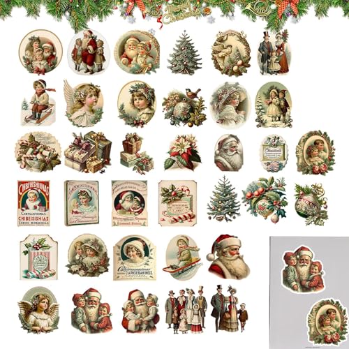 Retro-Weihnachtsaufkleber, Set mit Weihnachtsaufklebern, Vintage, 36 x ästhetische Aufkleber, Retro, Klassenpreis für Snowboard-Dekorationen, Aufkleber für von LearnLyrics