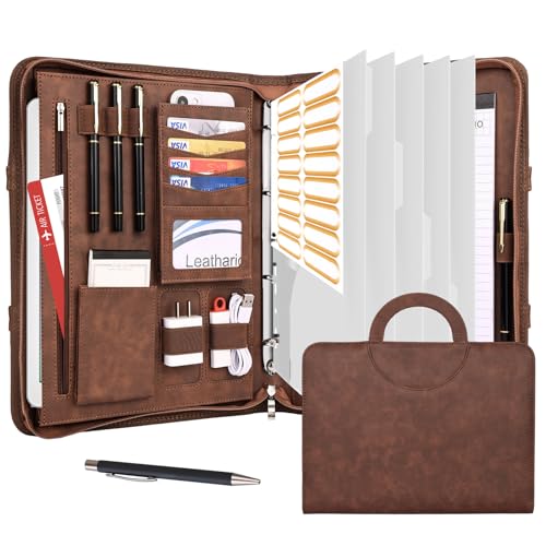 Leathario A4 Konferenzmappe, Schreibmappe mit Ringbuch,5-teilig Trennblätter ,Reißverschluss,Rin Portfolio, Aktenmappe Mappe Schreibblock Braun Leathario A4 Konferenzmappe, Schreibmappe mit Ringbuch,5-teilig Trennblätter ,Reißverschluss,Rin Portfolio, Aktenmappe Mappe Schreibblock Braun von Leathario